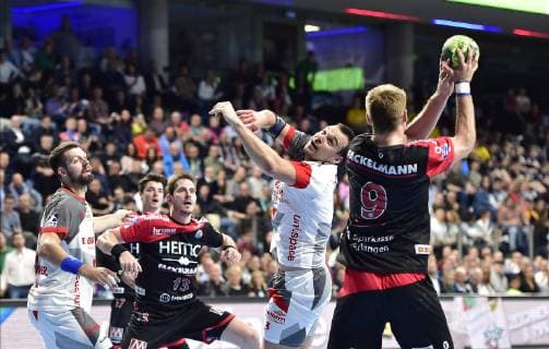 29 05 2019 Handball 1 Bundesliga DKB HBL Season 2018 2019 33 Matchday HC Erlangen Metropolregion Nürnberg HCE MT Melsungen OGo Michael Haaß Haass 13, HC Erlangen HCE Marino Maric 3, MT Melsungen Petter Overby 9, HC Erlangen HCE
