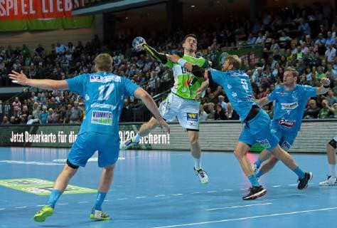 29 05 2019, xovx, Handball HBL, HSG Wetzlar TVB Stuttgart emspor, v l Samuel Roethlisberger TBV Stuttgart , Alexander Hermann HSG Wetzlar , Michael Schweikardt TBV Stuttgart , David Schmidt TBV Stuttgart , Aktion DFL DFB REGULATIONS PROHIBIT ANY USE OF PHOTOGRAPHS as IMAGE SEQUENCES and or QUASI VIDEO Wetzlar