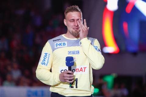 29 05 2019, xtgx, Handball DKB Bundesliga, SC Magdeburg SG Bietigheim emspor, v l Dario Quenstedt Magdeburg, 21 cries at the farewell GETEC Arena