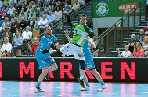 29 05 2019, xovx, Handball HBL, HSG Wetzlar TVB Stuttgart emspor, v l Michael Schweikardt TBV Stuttgart , Filip Mirkulovski HSG Wetzlar , David Schmidt TBV Stuttgart , Aktion DFL DFB REGULATIONS PROHIBIT ANY USE OF PHOTOGRAPHS as IMAGE SEQUENCES and or QUASI VIDEO Wetzlar