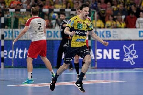 goal scorer Patrick Groetzki RNL, 24 , cheers on a goal, jubilation, goal jubilation, goal success, celebrate the goal, goal, celebration, jubilation on the goal, optimistic, game scene, highlight, clipping, full body, single picture, action, action, 29 05 2019, Mannheim, handball, DKB Bundesliga, Rhein Neckar Löwen TSG Ludwigshafen Friesenheim The owls xozx