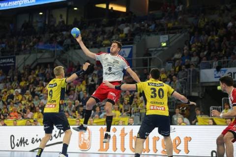Gunnar Dietrich Ludwigshafen in the duel with Guojon Valur Sigurosson Loewen and Gedeon Guardiola Loewen at the game Rhein Neckar Loewen vs Die Eulen Ludwigshafen in der 1 Handball Bundesliga on 29 02 2019, Rhein Neckar Loewen vs Die Eulen Ludwigshafen, Handball, 1 Handball Bundesliga, 29 02 2019 Mannheim Copyright: xMichaelxBermel Eibner-Pressefotox EP_mbl