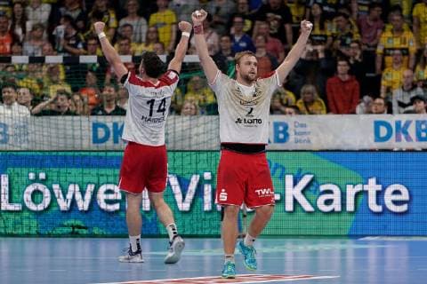 v li Maximilian Haider The Owls, 14 , Frederic Stüber The Owls, 2 , Cheers after the final whistle, victory, winner, winner, cheers, joy, optimistic, highlight, action, action, 29 05 2019, Mannheim, handball, DKB Bundesliga, Rhein Neckar Löwen TSG Ludwigshafen Friesenheim The Owls xozx