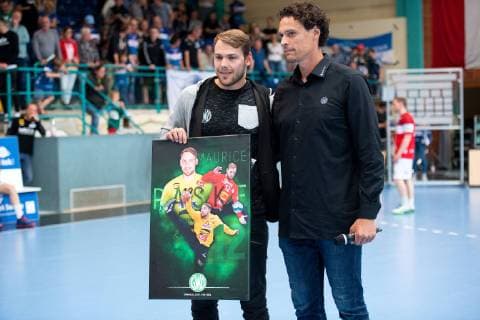 Minden, Germany 29 05 2019 1 Handball Bundesliga 2018 2019 GWD Minden vs. Bergischer HC L R Maurice Paske Minden , Frank von Behren Sports Director Minden , VERABSCHIEDUNG Minden North Rhine-Westphalia Germany Kampa Halle