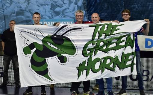 29 05 2019 Handball 1 Bundesliga DKB HBL Season 2018 2019 33 Matchday HC Erlangen Metropolregion Nürnberg HCE MT Melsungen OGo Gorazd Skof 12, HC Erlangen HCE with Banner The Green Hornet