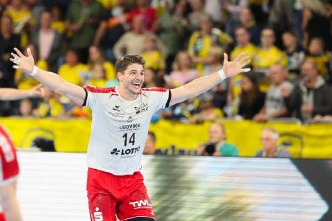 Rhein Neckar Loewen The Owls Ludwigshafen Mannheim, Germany 29 May 2019 Handball Bundesliga 33 Matchday, in the SAP Arena Maximilian Haider Ludwigshafen , action single picture gesture gesticulated facial expression strong facial expression emotion cheering joy emotion cheering goal scorer goal scorer goalscorer goalscorer