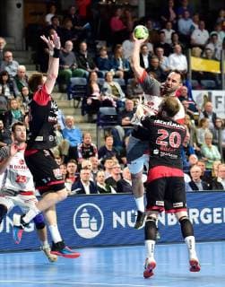 29 05 2019 Handball 1 Bundesliga DKB HBL Season 2018 2019 33 Matchday HC Erlangen Metropolregion Nuernberg HCE MT Melsungen Nikolai Link 33, HC Erlangen HCE Philipp Mueller Mueller 18, MT Melsungen Nico Buedel 20, HC Erlangen HC Erlangen MT Melsungen Nuernberg Copyright: xKohringx Eibner-Pressefotox EP_akg_gold