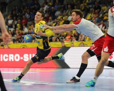 Andy Schmid Loewen in a duel with Gunnar Dietrich Ludwigshafen at the game Rhein Neckar Loewen vs Die Eulen Ludwigshafen in the 1 Handball Bundesliga on 29 02 2019, Rhein Neckar Loewen vs Die Eulen Ludwigshafen, Handball, 1 Handball Bundesliga, 29 02 2019 Mannheim Copyright: xMichaelxBermel Eibner-Pressefotox EP_mbl