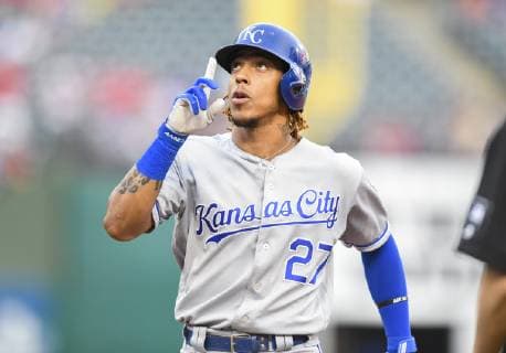 May 30, 2019: Kansas City Royals second baseman Adalberto Mondesi 27 celebrates a base hit in the top of the third inning during an MLB, Baseball Herren, USA game between the Kansas City Royals and the Texas Rangers at Globe Life Park in Arlington, TX Kansas City defeated Texas 4-2 CSM. MLB 2019: Royals vs Rangers May 30 - ZUMAcp2_ 20190530_zaf_cp2_005 Copyright: xAlbertxPenax