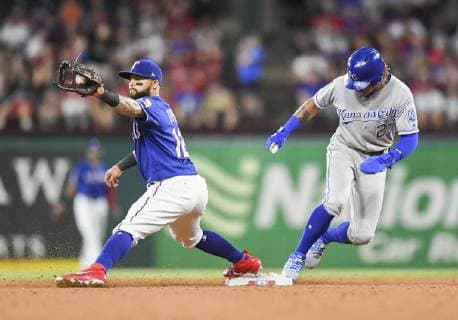 May 30, 2019: Texas Rangers second baseman Rougned Odor 12 stretches for a throw as Kansas City Royals second baseman Adalberto Mondesi 27 reaches second base after he hits a double during an MLB, Baseball Herren, USA game between the Kansas City Royals and the Texas Rangers at Globe Life Park in Arlington, TX Kansas City defeated Texas 4-2 CSM. MLB 2019: Royals vs Rangers May 30 - ZUMAcp2_ 20190530_zaf_cp2_011 Copyright: xAlbertxPenax