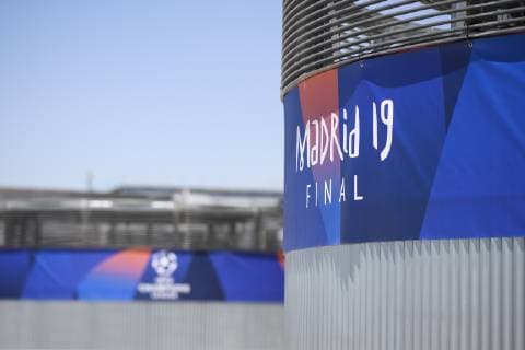 31 05 2019, xkvx, Soccer UEFA Champions League Final, Tottenham Hotspur FC Liverpool Training and PK emspor, v l Stadium view View Exterior view Wanda Metropolitano View Exterior Logo Champions League Logo Madrid 2019 Logo Emblem Signet Branding DFL DFB REGULATIONS PROHIBIT ANY USE OF PHOTOGRAPHS as IMAGE SEQUENCES and or QUASI VIDEO Madrid