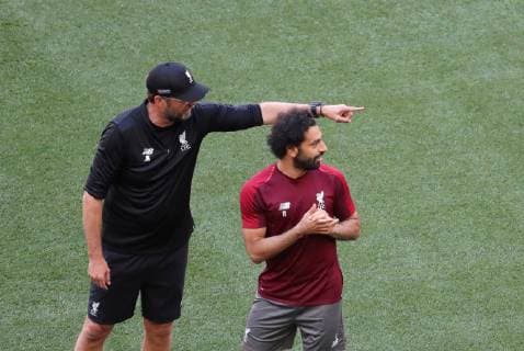 Liverpool s manager Juergen Klopp (L) and winger Mohamed Salah (R) attend a team s training session at the Wanda Metropolitano stadium in Madrid, Spain, 31 May 2019. Liverpool FC will face Tottenham Hotspur in the 2019 UEFA Champions League final at the Wanda Metropolitano stadium in Madrid, Spain, on 01 June 2019. UCL Final 2019 - Liverpool FC training !ACHTUNG: NUR REDAKTIONELLE NUTZUNG!  Copyright: xJuanjoxMartinx GRAF1441 20190531-636949228725239078