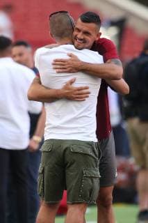 Liverpool Training Dejan Lovren of Liverpool greets Ex Dortmund player Petric Mladen during the Liverpool Training session at the Wanda Metropolitano Stadium, Madrid Content Not Available For UK Newspapers Copyright: xPaulxChestertonx FIL-13308-0009