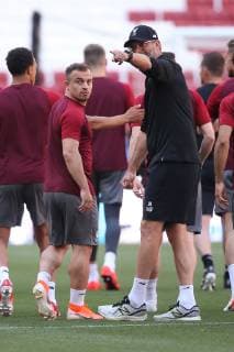 Liverpool Training Liverpool Manager Jurgen Klopp and Xherdan Shaqiri of Liverpool during the Liverpool Training session at the Wanda Metropolitano Stadium, Madrid Content Not Available For UK Newspapers Copyright: xPaulxChestertonx FIL-13308-0016