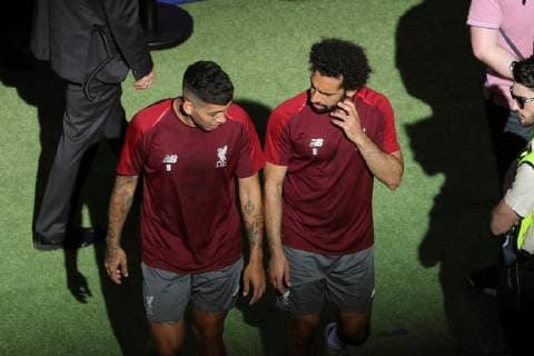Liverpool s winger Mohamed Salah (R) and forward Roberto Firmino (L) attend a team s training session at the Wanda Metropolitano stadium in Madrid, Spain, 31 May 2019. Liverpool FC will face Tottenham Hotspur in the 2019 UEFA Champions League final at the Wanda Metropolitano stadium in Madrid, Spain, on 01 June 2019. UCL Final 2019 - Liverpool FC training !ACHTUNG: NUR REDAKTIONELLE NUTZUNG!  Copyright: xJuanjoxMartinx GRAF1491 20190531-636949267376211045