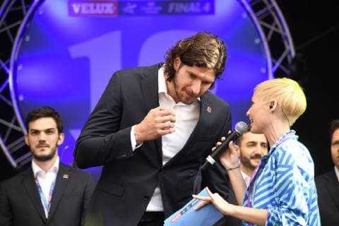 Laszlo Nagy Telekom Veszprem HC with presenter Anett Sattler, Handball, Velux EHF Final Four, Opening Party, Player, 31 05 19 Cologne Lanxess Arena Nordrhein Westfalen Germany