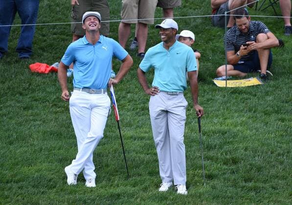 May 31, 2019: Bryson DeChambeau laughs at a joke by Tiger Woods in-between Second Round play at the 2019 Memorial Day Tournament presented by Nationwide at Muirfield Village Golf Club in Dublin, OH. Austyn McFadden CSM PGA, Golf Herren 2019: Memorial Day Tournament Second Round MAY 31 - ZUMAc04_ 20190530_zaf_c04_109 Copyright: xAustynxMcfaddenx