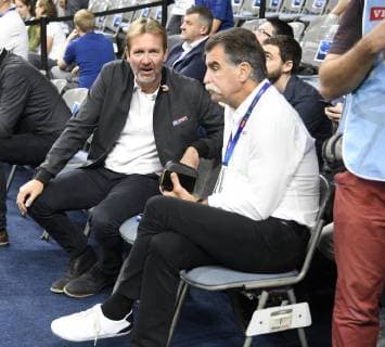 Small talk between Martin Schwalb and Heiner Brand, handball, men, Velux EHF Final Four, 1 semi-final, Telekom Veszprem HC vs PGE Vive Kielce, 01 06 19 Cologne Lanxess Arena Nordrhein Westfalen Germany