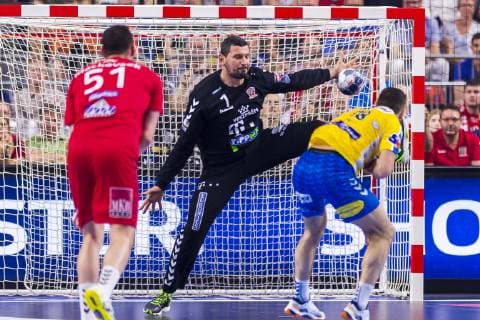 Cologne, Germany 01 June 2019 Handball EHF CL Semifinal Telekom Veszprem HC vs PGE Vive Kielce Torhueter Arpad Sterbik Veszprem , Blaz Janc Kielce Cologne Lanxess Arena Germany