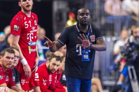 Cologne, Germany 01 June 2019 Handball EHF CL semi-final Telekom Veszprem HC vs PGE Vive Kielce coach David Davis Camara Veszprem gesticulation gesture gesticulated Cologne Lanxess Arena Germany