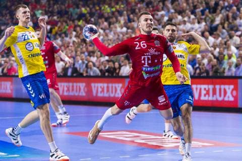 Cologne, Germany 01 June 2019 Handball EHF CL Semifinal Telekom Veszprem HC vs PGE Vive Kielce v li Uladzislau Kulesh Kielce , Manuel Strlek Veszprem , Blaz Janc Kielce Köln Lanxess Arena Germany