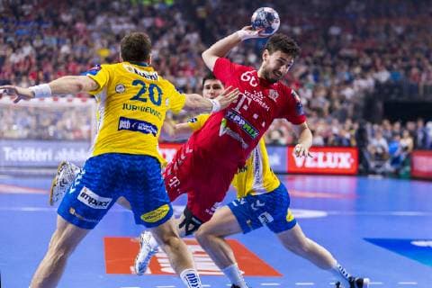 Cologne, Germany 01 June 2019 Handball EHF CL Semifinal Telekom Veszprem HC vs PGE Vive Kielce v li Mariusz Jurkiewicz Kielce , Mate Lekai Veszprem Köln Lanxess Arena Germany