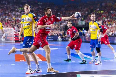Cologne, Germany 01 June 2019 Handball EHF CL Semifinal Telekom Veszprem HC vs PGE Vive Kielce v li Uladzislau Kulesh Kielce , Dragan Gajic Veszprem Köln Lanxess Arena Germany