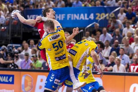 Cologne, Germany 01 June 2019 Handball EHF CL Semifinal Telekom Veszprem HC vs PGE Vive Kielce v left in the duel Artsem Karalek Kielce and Kentin Mahe Veszprem , Krysztof Lijewski Kielce Köln Lanxess Arena Germany