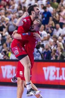 Cologne, Germany 01 June 2019 Handball EHF CL Semifinal Telekom Veszprem HC vs PGE Vive Kielce v li Petar Nenadic Veszprem , Kent Robin Toennesen Tönnesen Veszprem Cologne Lanxess Arena Germany