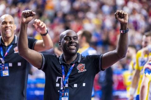 Cologne, Germany 01 June 2019 Handball EHF CL Semifinal Telekom Veszprem HC vs PGE Vive Kielce Trainer David Davis Camara Veszprem Jubel Jubel Freude Emotion Köln Lanxess Arena Deutschland