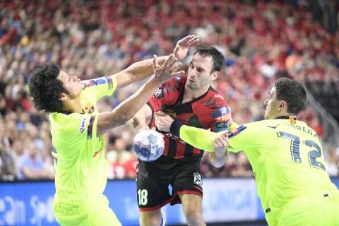Igor Karacic HC Vardar vs Thiagus Goncalves dos Santos left and Ludovic Fabregas FC Barcelona Lassa , Handball, Men, Velux EHF Final Four, 2 Semifinals, FC Barcelona Lassa vs HC Vardar Skopje, 01 06 19 Cologne Lanxess Arena Nordrhein Westfalen Germany