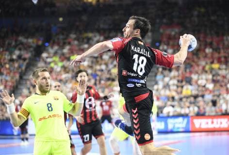 Igor Karacic HC Vardar vs Victor Tomas FC Barcelona Lassa , Handball, Men, Velux EHF Final Four, 2 Semifinals, FC Barcelona Lassa vs HC Vardar Skopje, 01 06 19 Cologne Lanxess Arena Nordrhein Westfalen Germany