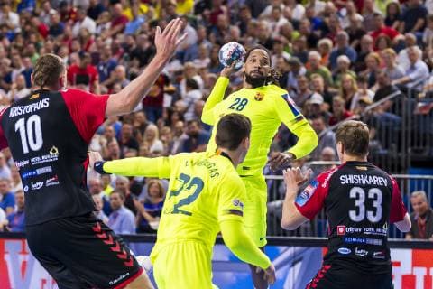 Cologne, Germany 01 June 2019 Handball EHF CL Semifinal FC Barcelona vs HC Vardar Skobje v li Dainis Kristopans HC Vardar , Ludovic Fabregas Barcelona , Gilberto Brito Duarte Barcelona , Daniil Shishkarev HC Vardar Köln Lanxess Arena Germany