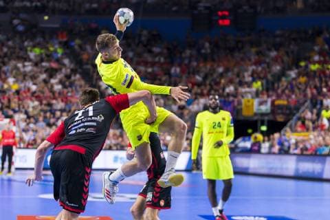 Cologne, Germany 01 June 2019 Handball EHF CL Semifinal FC Barcelona vs HC Vardar Skobje v Gleb Kalarash HC Vardar , Aleix Gomez Abello Barcelona Cologne Lanxess Arena Germany