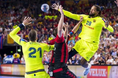 Cologne, Germany 01 June 2019 Handball EHF CL Semifinal FC Barcelona vs HC Vardar Skobje Gilberto Brito Duarte Barcelona with the pass to Kamil Syprzak Barcelona Cologne Lanxess Arena Germany