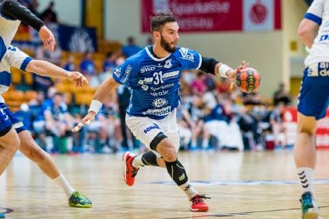 Björn Zintel 31 TV 05 07 Huettenberg during the match in the Handball 2 Bundesliga Men Season 2018 2019 between Dessau Rosslauer HV 06 and TV 05 07 Hüttenberg in the Anhalt Arena on 1 June 2019 in Dessau Rosslau, Sachsen Anhalt, Germany