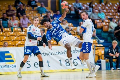 Dieudonne Mubenzem 22 TV 05 07 Huettenberg , Justin Lee Milkow 27 Dessau Rosslauer HV 06 , Marek Vranco 9 Dessau Rosslauer HV 06 during the handball match 2 Bundesliga Men Season 2018 2019 between Dessau Rosslauer HV 06 and TV 05 07 Hüttenberg in the Anhalt Arena on 1 June 2019 in Dessau Rosslau, Saxony Anhalt, Germany