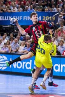 Cologne, Germany 01 June 2019 Handball EHF CL Semifinal FC Barcelona vs HC Vardar Skobje Christian Dissinger HC Vardar , Aleix Gomez Abello Barcelona Cologne Lanxess Arena Germany