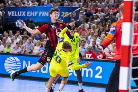 Cologne, Germany 01 June 2019 Handball EHF CL Semifinal FC Barcelona vs HC Vardar Skobje v li Christian Dissinger HC Vardar , Aleix Gomez Abello Barcelona Cologne Lanxess Arena Germany