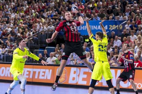 Cologne, Germany 01 June 2019 Handball EHF CL Semifinal FC Barcelona vs. HC Vardar Skobje Dainis Kristopans HC Vardar , Jure Dolenec Barcelona Cologne Lanxess Arena Germany