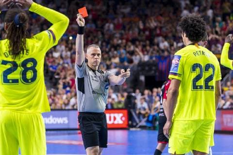 Cologne, Germany 01 June 2019 Handball EHF CL Semifinal FC Barcelona vs HC Vardar Skobje Thiagus Petros Barcelona red card Cologne Lanxess Arena Germany