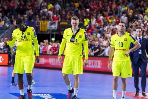 Cologne, Germany 01 June 2019 Handball EHF CL Semifinal FC Barcelona vs. HC Vardar Skobje Dika Mem Barcelona , Lasse Bredekjaer Andersson Barcelona , Aitor Arino Bengoechea Barcelona Cologne Lanxess Arena Germany