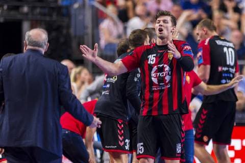 Cologne, Germany 01 June 2019 Handball EHF CL semi-final FC Barcelona vs. HC Vardar Skobje Christian Dissinger HC Vardar gesticulation gesture gesticulated Cologne Lanxess Arena Germany