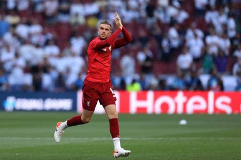 1st June 2019, Wanda Metropolitano stadium, Madrid, Spain; UEFA Champions League Final, Tottenham Hotspur versus Liverpool FC; Jordan Henderson of Liverpool applauds the fans during the warm up  ActionPlus12140218 ShaunxBrooks