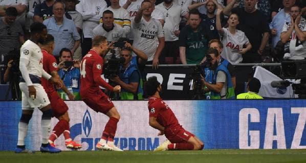 01 06 2019, xkvx, Soccer UEFA Champions League Final, Tottenham Hotspur FC Liverpool emspor, v l Mohamed Salah FC Liverpool ,celebrate the goal, The goal celebration for the 1 0 DFL DFB REGULATIONS PROHIBIT ANY USE OF PHOTOGRAPHS as IMAGE SEQUENCES and or QUASI VIDEO Madrid