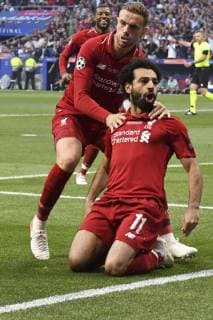 Football - 2019 UEFA Champions League Final - Liverpool vs. Tottenham Hotspur Mohamed Salah of Liverpool celebrates scoring his team s first goalat Wanda Metropolitano, Madrid. COLORSPORT WINSTON BYNORTH 