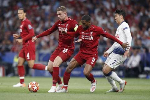 MADRID, 01-06-2019, Wanda Metropolitano Stadium, season 2018 2019, UEFA Champions League Final. Liverpool FC player Jordan Henderson, Liverpool FC player Georgino Wijnaldum and Tottenham Hotspur player Heung-Min Son during the game Tottenham Hotspur - Liverpool Tottenham Hotspur - Liverpool (CL final)  x3565904x Copyright:
