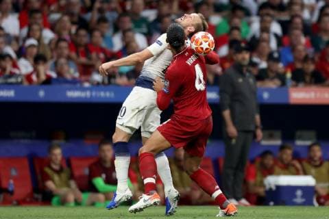 1st June 2019, Wanda Metropolitano stadium, Madrid, Spain; UEFA Champions League Final, Tottenham Hotspur versus Liverpool FC; Virgil van Dijk of Liverpool competes for the ball with Harry Kane of Tottenham Hotspur  ActionPlus12140234 ShaunxBrooks