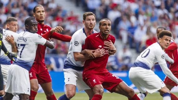 Madrid, Spain, 01 06 2019, UEFA Champions League 2018 19 Season, Final, Tottenham Hotspur FC Liverpool, Jan Vertonghen Tottenham and Joel Matip Liverpool battle for the ball Defodi 09 523 097692 Defodi-523