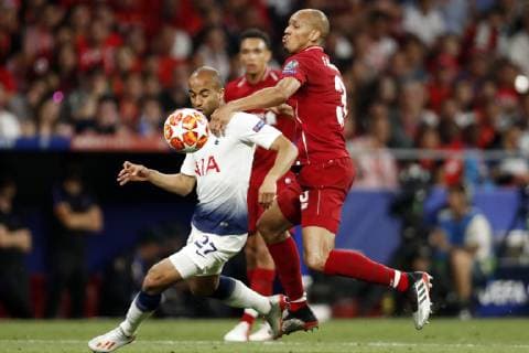 (l-r) Lucas Moura of Tottenham Hotspur FC, Fabinho of Liverpool FC during the UEFA Champions League final match between Tottenham Hotspur FC and Liverpool FC at Estadio Metropolitano on June 01, 2019 in Madrid, Spain UEFA Champions League 2018 2019 xVIxVIxImagesx xMauricexvanxSteenxIVx 14633227